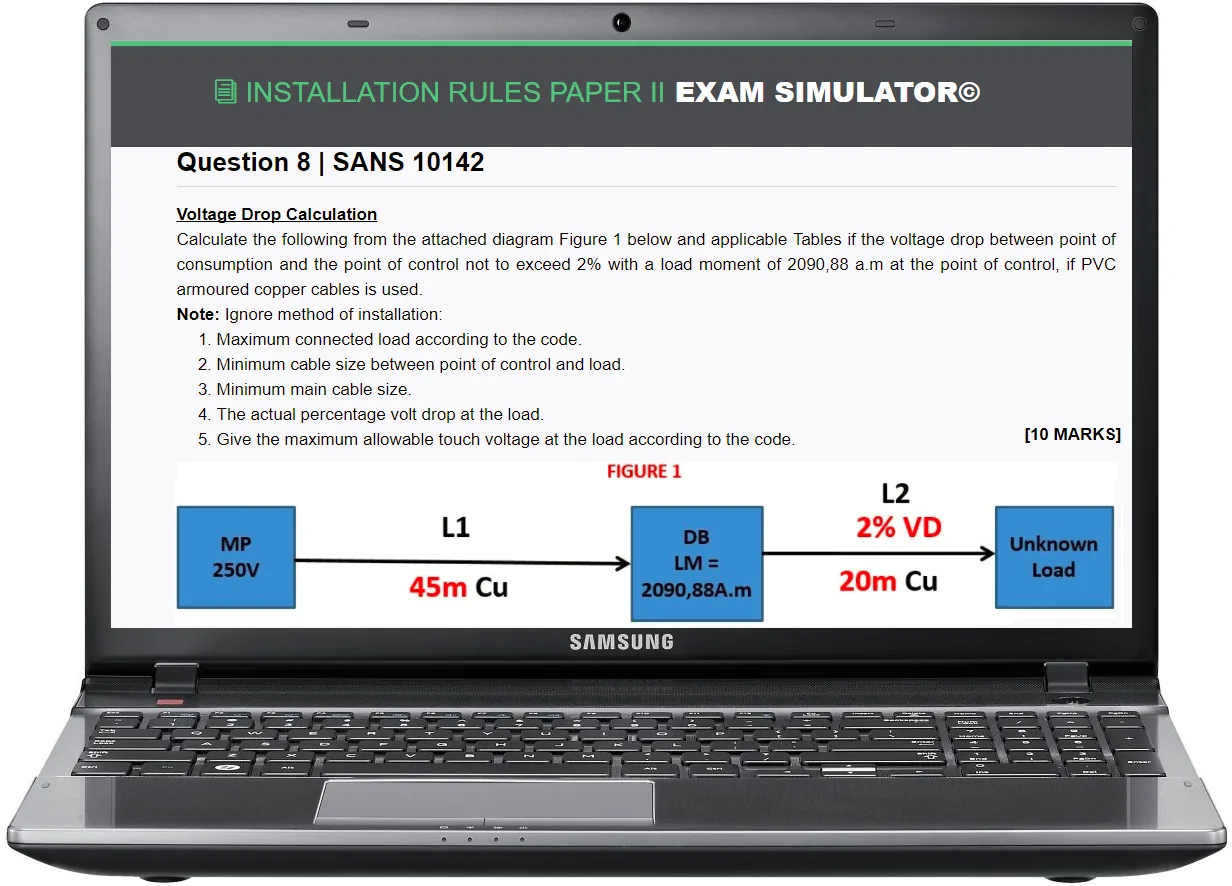 Exam simulator on a laptop showing Question 8, a voltage drop calculation with a circuit diagram